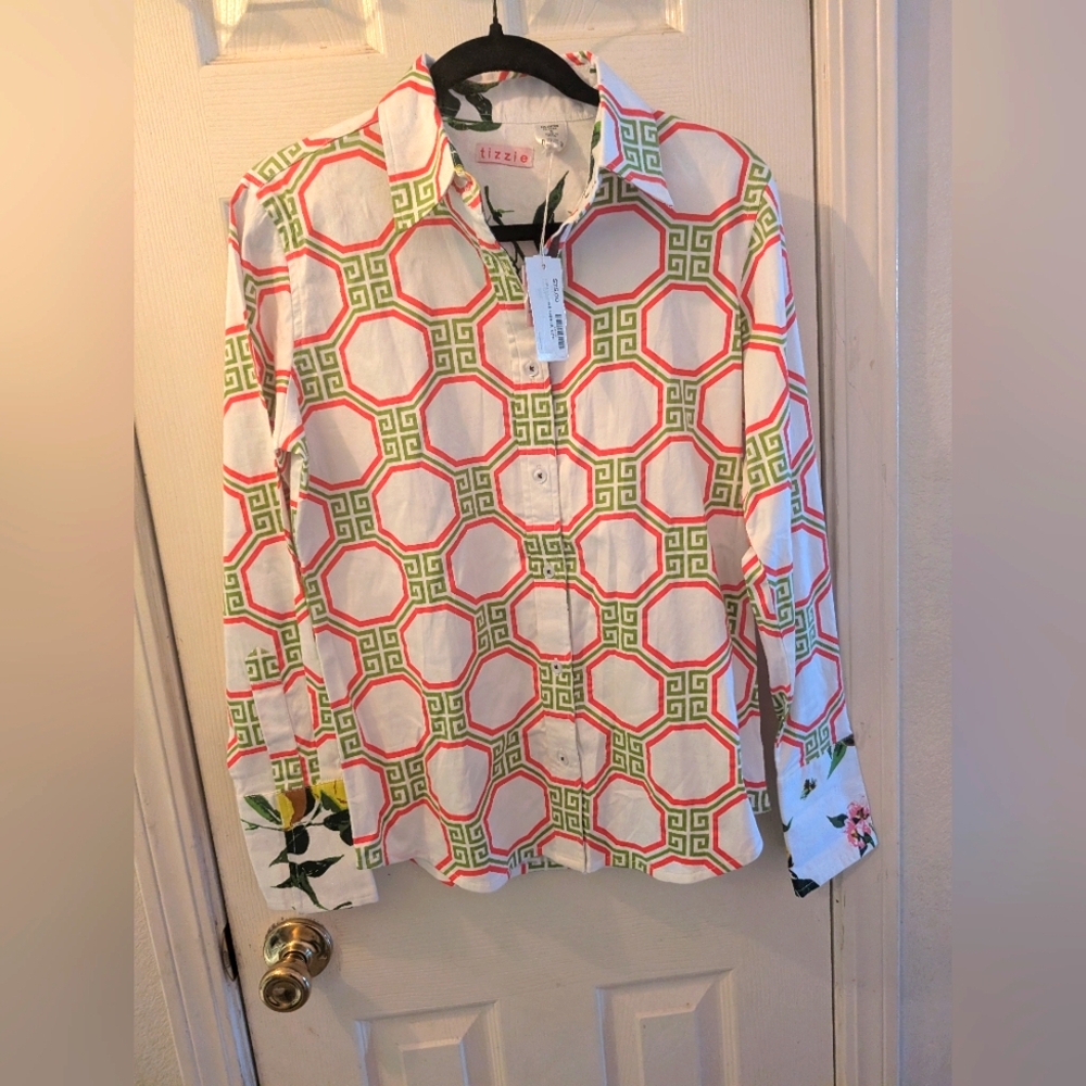 Dizzy Lizzie White with Red/Green Geometric Print Button DownTizzie Top(New)